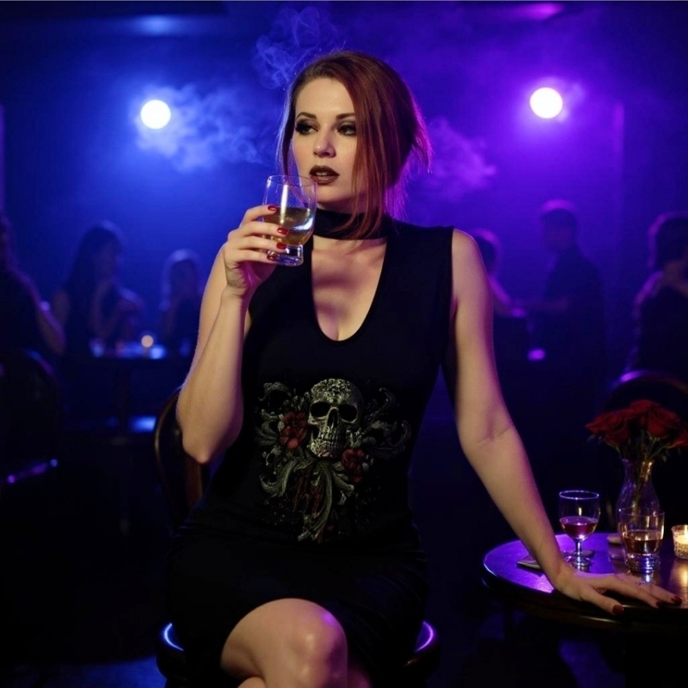 Spiral Direct Skull Seamstress Dress ✦ Scoop Neck Choker Roses ✦ Gothic Studio S